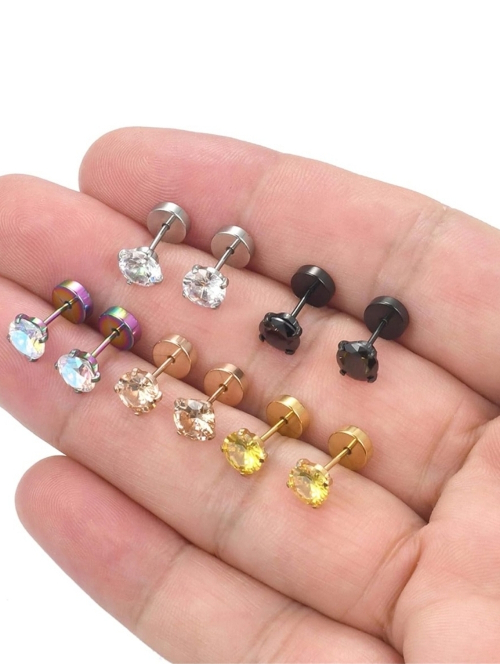 Assorted CZ Stud Earring Set - Multicolor Metal Finishes